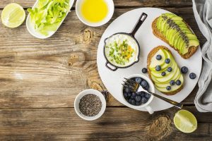 A delicious healthy breakfast of eggs and fruits