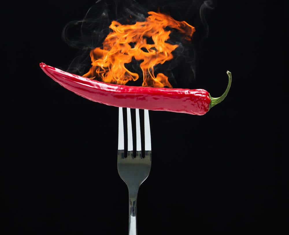 Hot chilly on fork with fire.